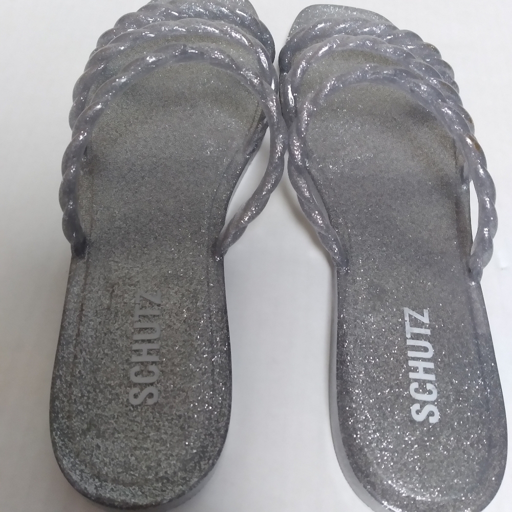 Schutz Silver Metallic Glitter Jelly Gladiator Flat Slide On  Sandals Size 9 - Picture 8 of 9